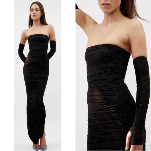 Alex Perry Hyland Crystal Embellished Strapless Ruched Black Maxi Dress Size 2 - Picture 4 of 14